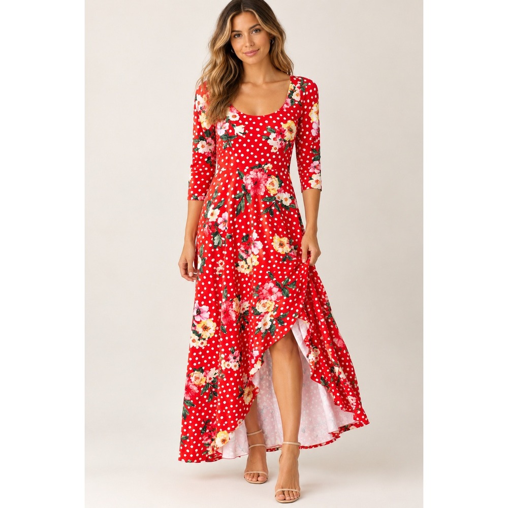 Pia Colors Women Maxi Dress S Red Floral Polka Dot High Low 3/4 Sleeve